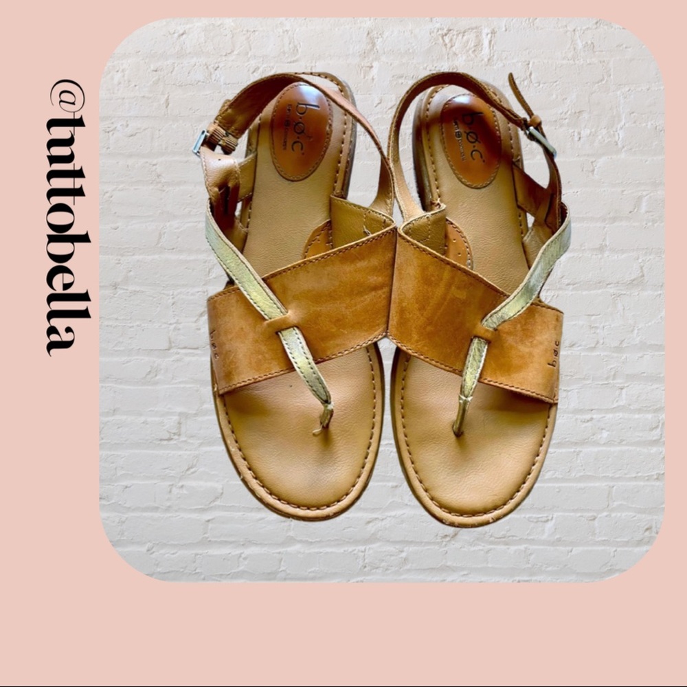 b.o.c. Tan and Metallic Gold Leather Thong Sandals